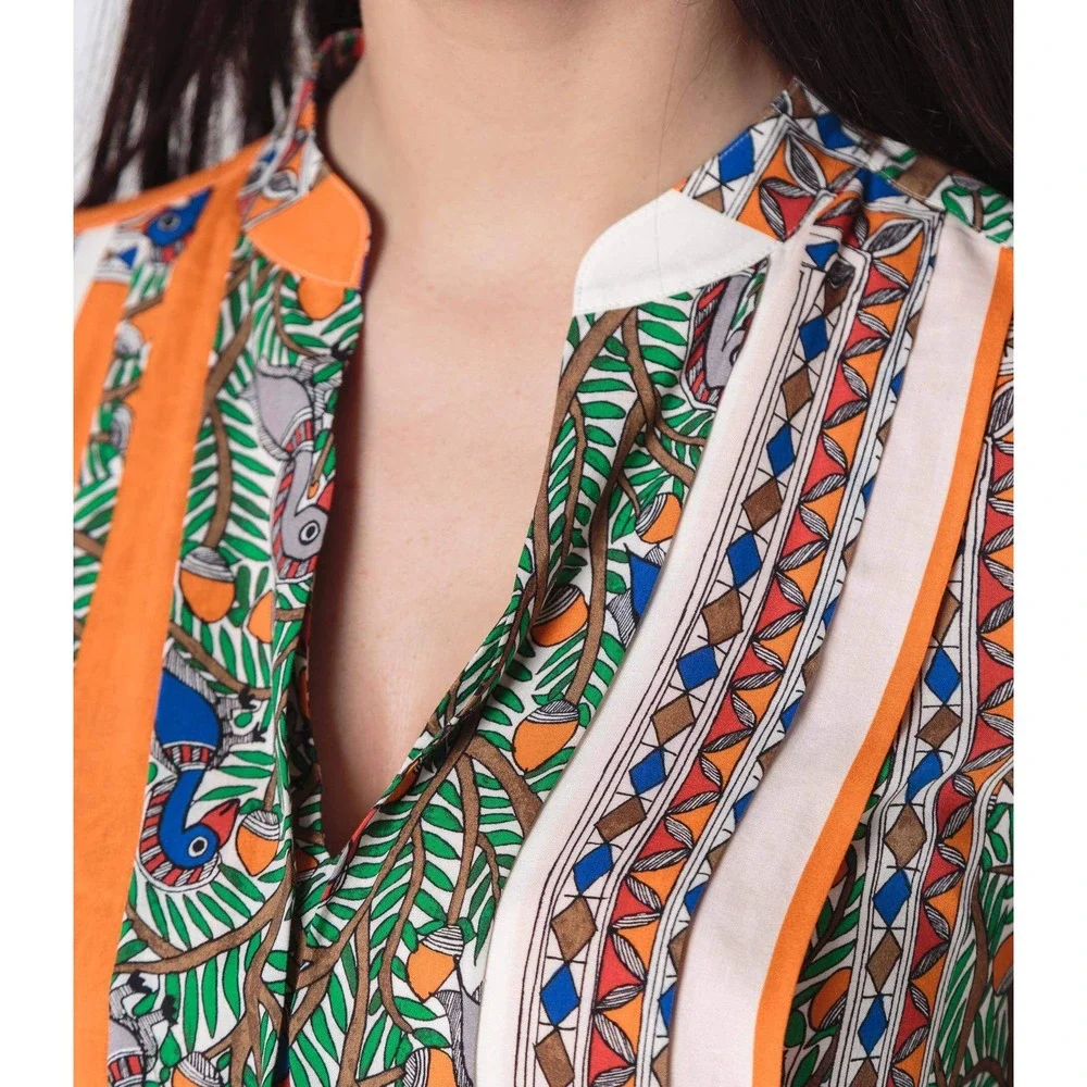 Tory Burch Orange Cream Silk Geometric Botanical Print Midi Dress Size‎ 2